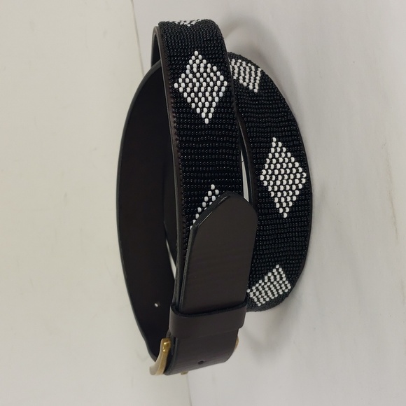 UBUNTU LIFE DIAMOND BLACK / WHITE GLASS BEADS LEATHER BELT WITH BRASS BUCKLE 42 - Picture 3 of 16